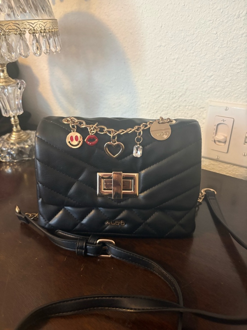 ALDO Black Quilted Crossbody Bag with Gold Charm Chain